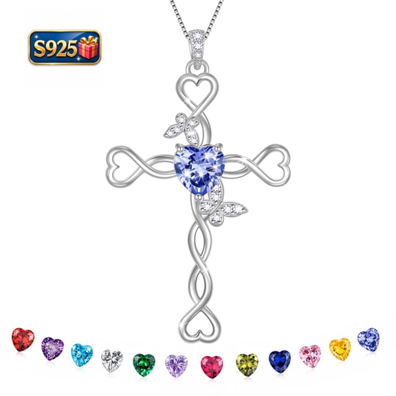 Beautlace 925 Sterling Silver Cross December Tanzanite Heart Birthstone Necklace,Butterfly Pendant Necklace Jewelry Birthday Christmas Birthday Gifts for Women/ Wife /Lover