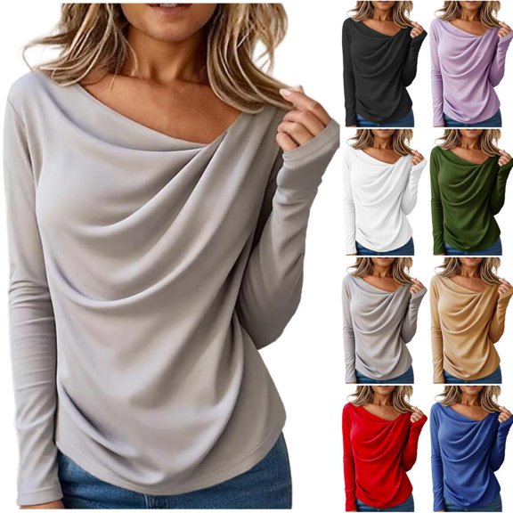 Umfun Women's Cowl Neck Top Long Sleeve Draped Front Blouse - Casual Regular Fit Tunic Shirt for Work and Daily Wear