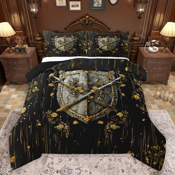 Homewish Retro Medieval Knight Bedding Comforter Set 2pcs for Boys Girls,Vintage Soldier Sword Twin Comforter Sets Microfiber,Chic Floral Flower Breathable Bedding Set,Lightweight Room Decor