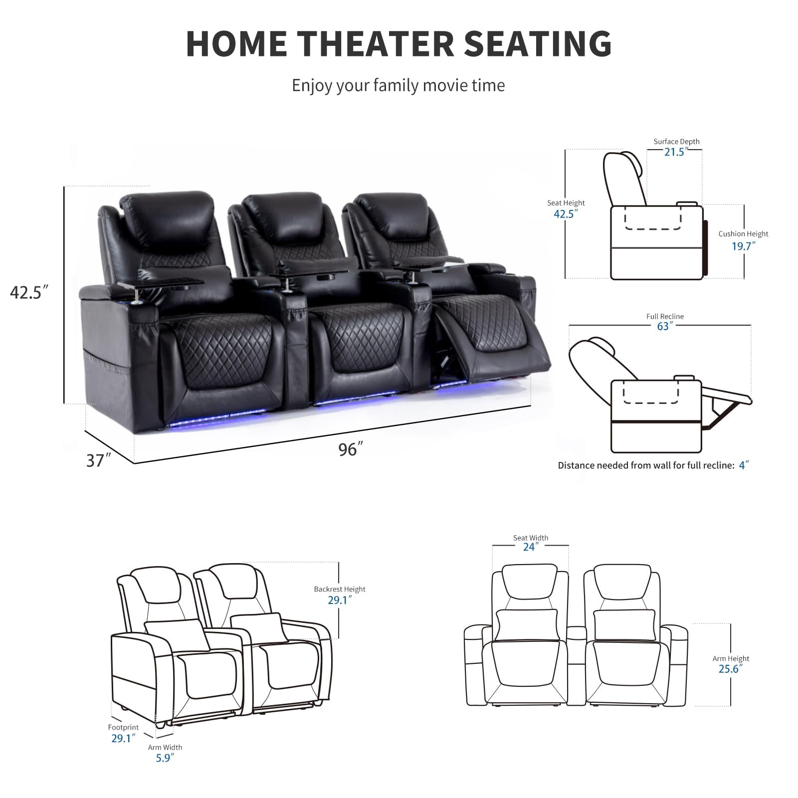 Home Theater Seating Seats, Theater Recliner Chair Sofa Game Movie Theater Chairs with 7 Colors Ambient Lighting, Lumbar Pillow, Side Pocket, Tray Table, Power Recline, Black