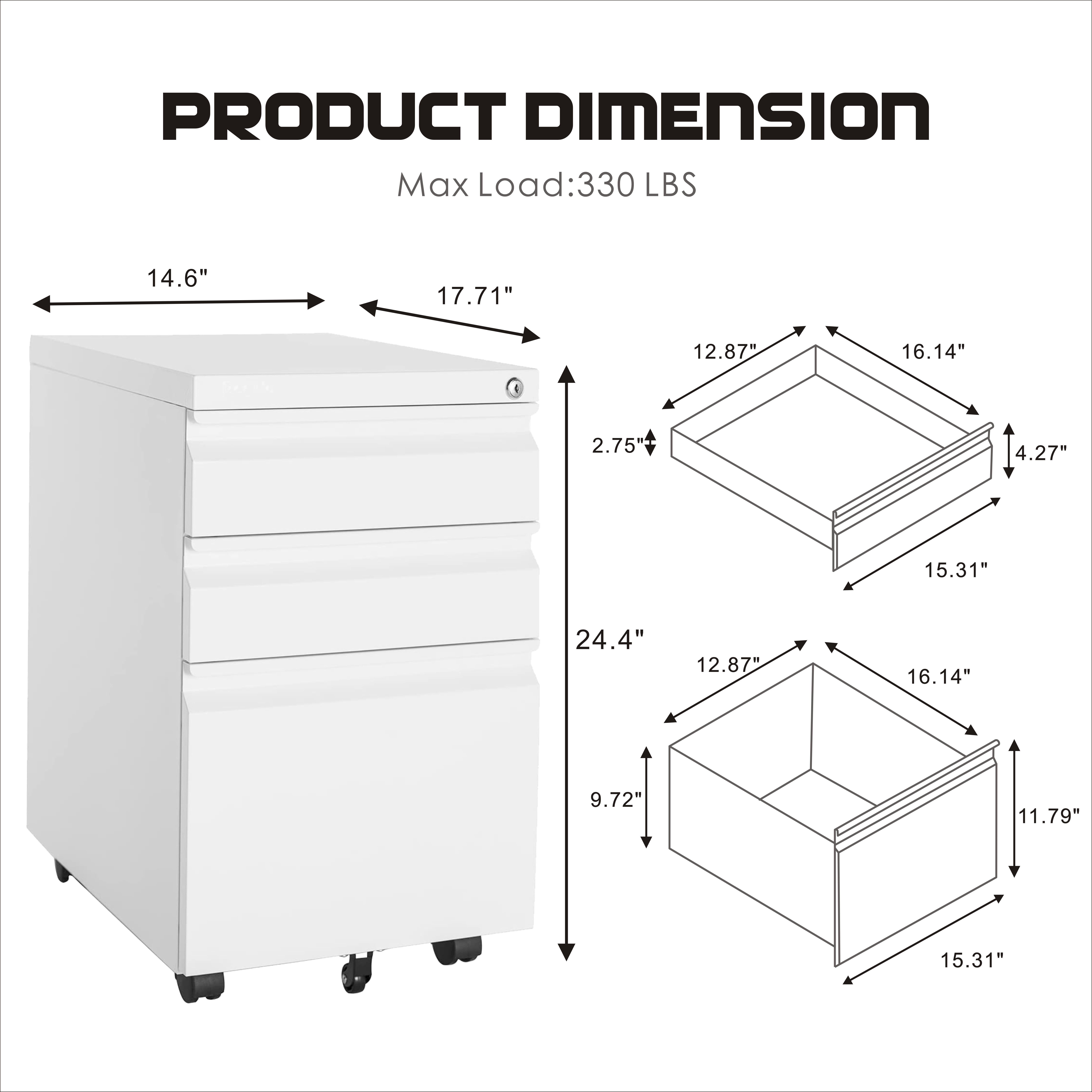 Marcree 3 Drawers Mobile Filing Cabinet, Metal File Cabinets with Drawers and Wheels, Office Mobile File Cabinet with Lock, White