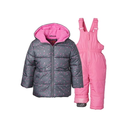 Pink Platinum Baby Toddler Girl Heart Printed Winter Jacket Coat & Snow Bib Snow Pants, 2pc