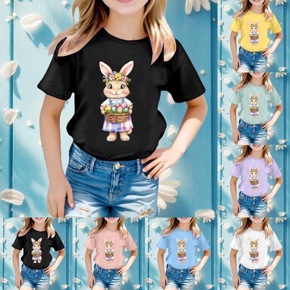 LRen Girls Easter Shirts Size 7/8 Cartoon Rabbit Short Sleeve T-Shirt Cute Happy Easter Vacation Tops Children's Shirts