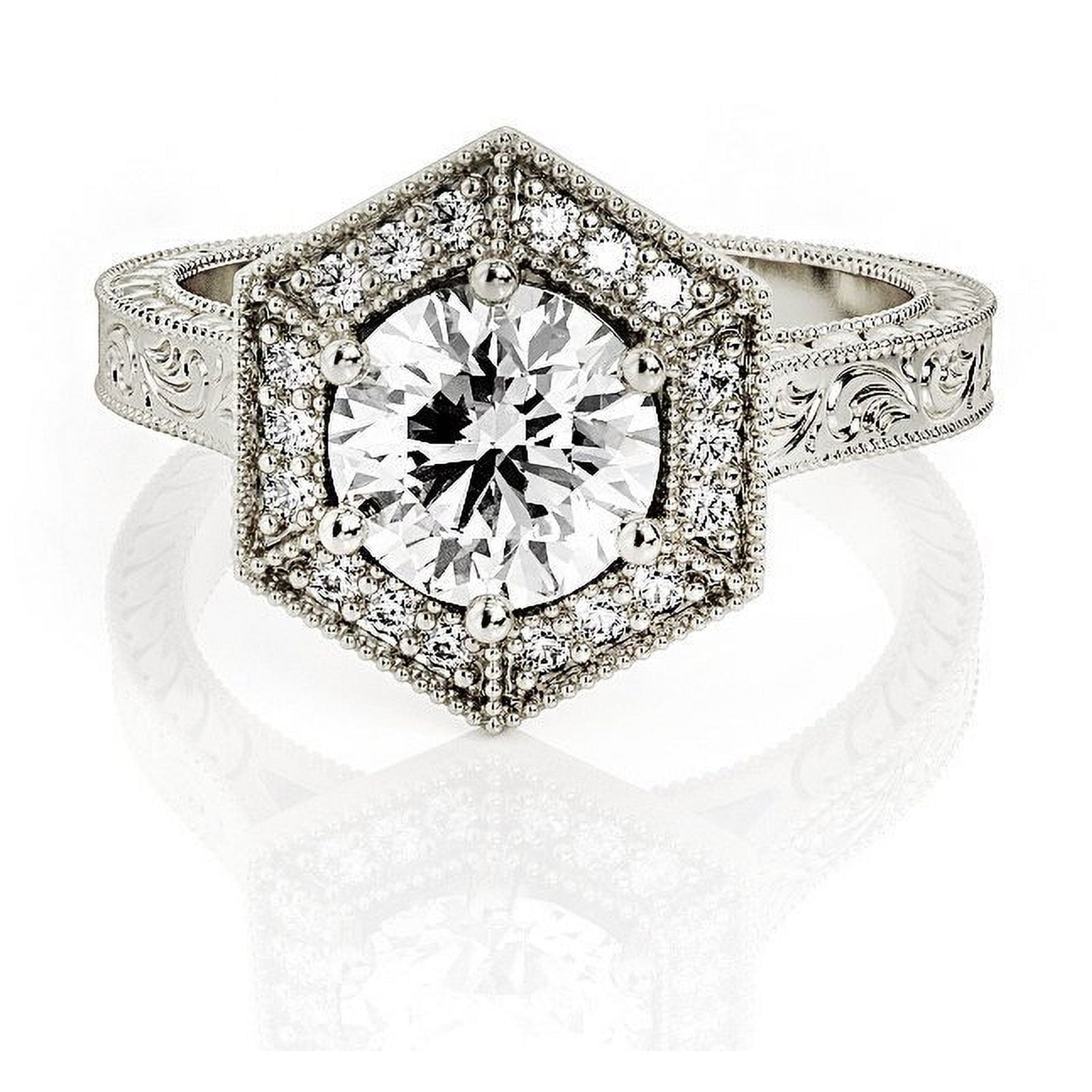 HeartsAndYou 2ct Round Cut Moissanite Engagement Ring for Women 18k White Gold over Silver Halo Antique Inspired Vintage Inspired