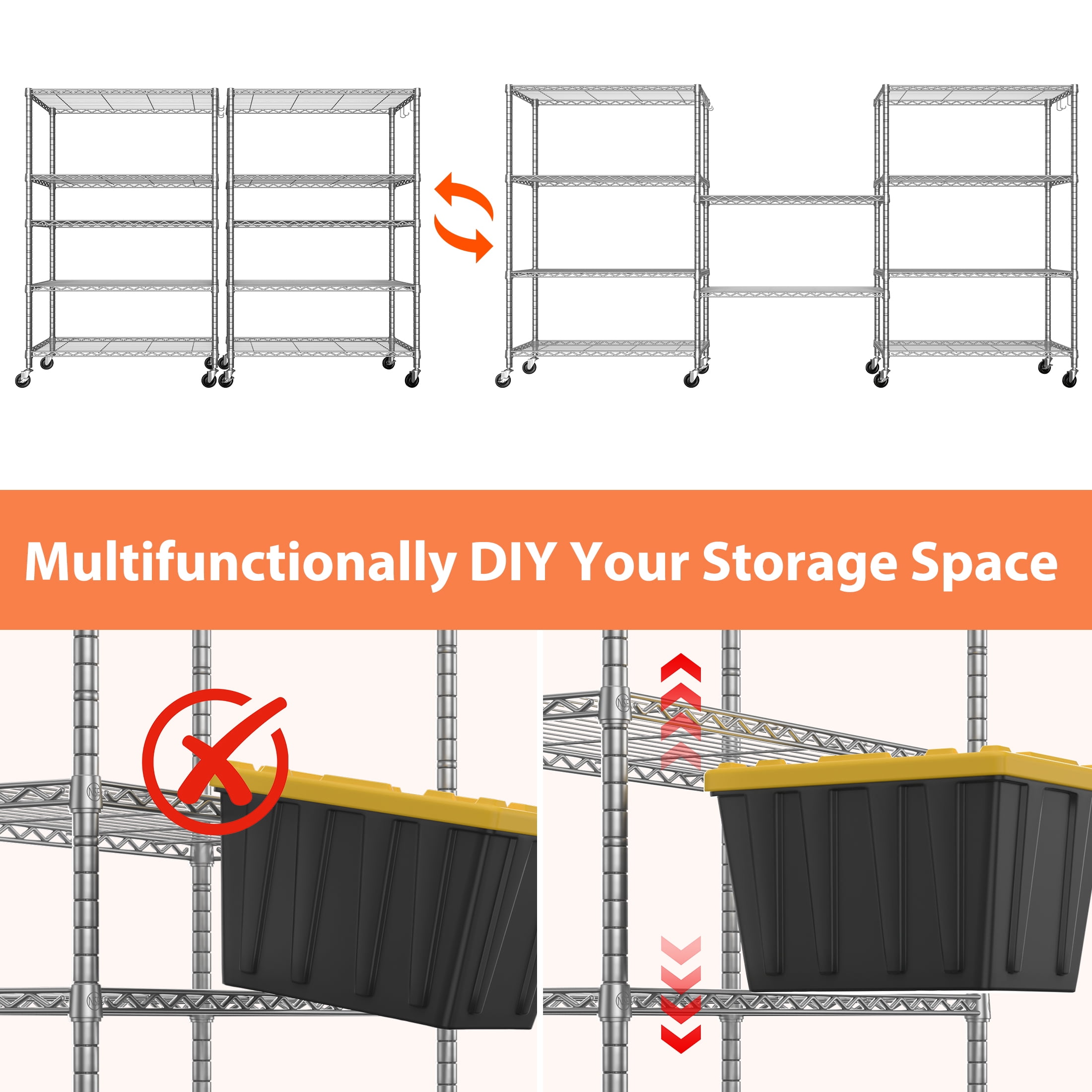 Prilinex 5 Tier Wire Shelving with Wheels 24"W x 18"D x 75"H Steel Storage Shelves, Adjustable Garage Shelves Organizer, Pantry Rack Rolling Metal Shelf 24"W x 18"D x 72"H, Chrome