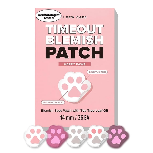 I DEW CARE Parche hidrocoloide para espinillas y acné - Timeout Blemish Happy Paws | Lindos parches coreanos para el acné | parches para zit para cara y piel 36 pegatinas faciales (14 mm) que absorben