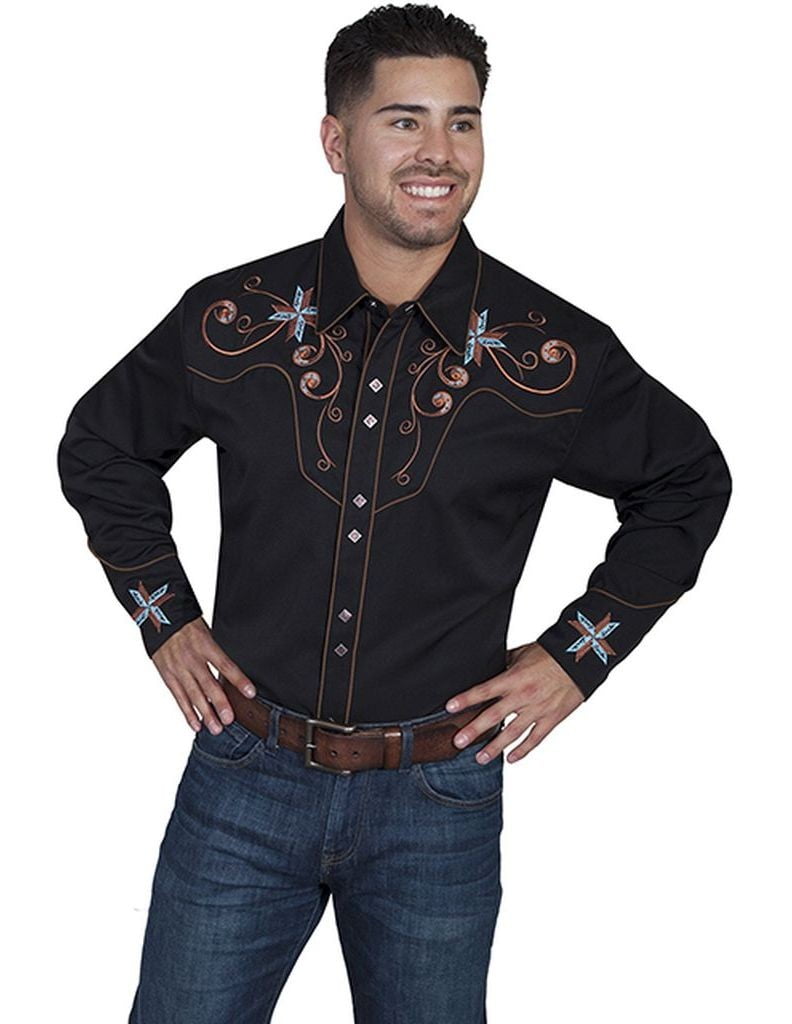 Scully Western Shirt Men L/S Snap Embroidered Scroll & Cross P-755 ...
