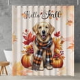 thumbnail image 2 of Hello Fall Golden Retriever Scarf Welcome Autumn with Leaves Pumpkins Shower Curtain Goldens Dog Lover Gifts Idea Waterproof Bathroom Bathtub Curtain - 00011, 2 of 5
