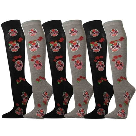 

Ladies Colorful Variety Design Assorted Knee High Stocking Socks (Skulls with Roses(6 Pairs))