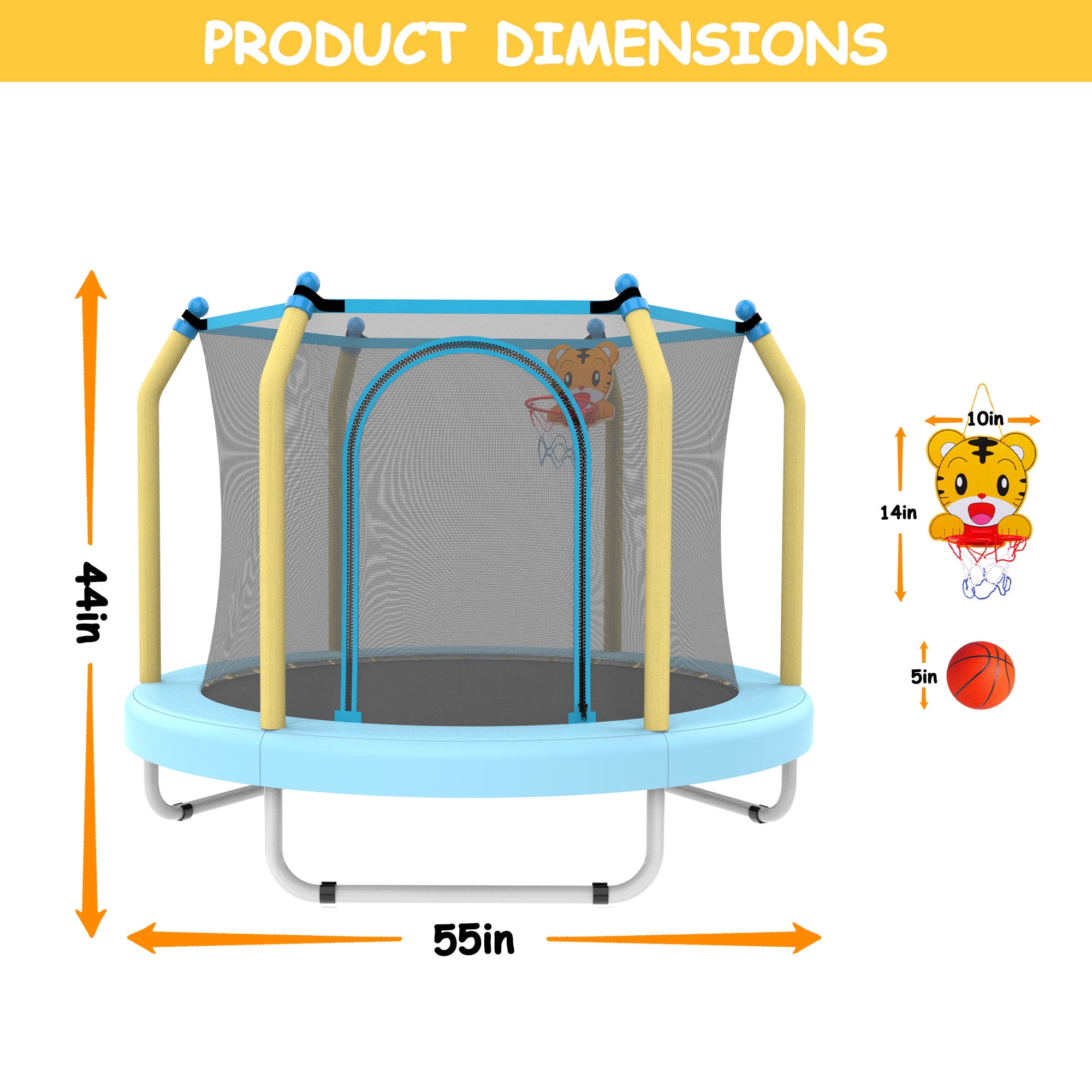 LIZEVINC 55 Inch Outdoor Toddler Trampoline with Enclosure Net, Mini Round Trampoline for Kids with Basketball, Small Trampoline Gifts for Boy and Girls,Blue Forest