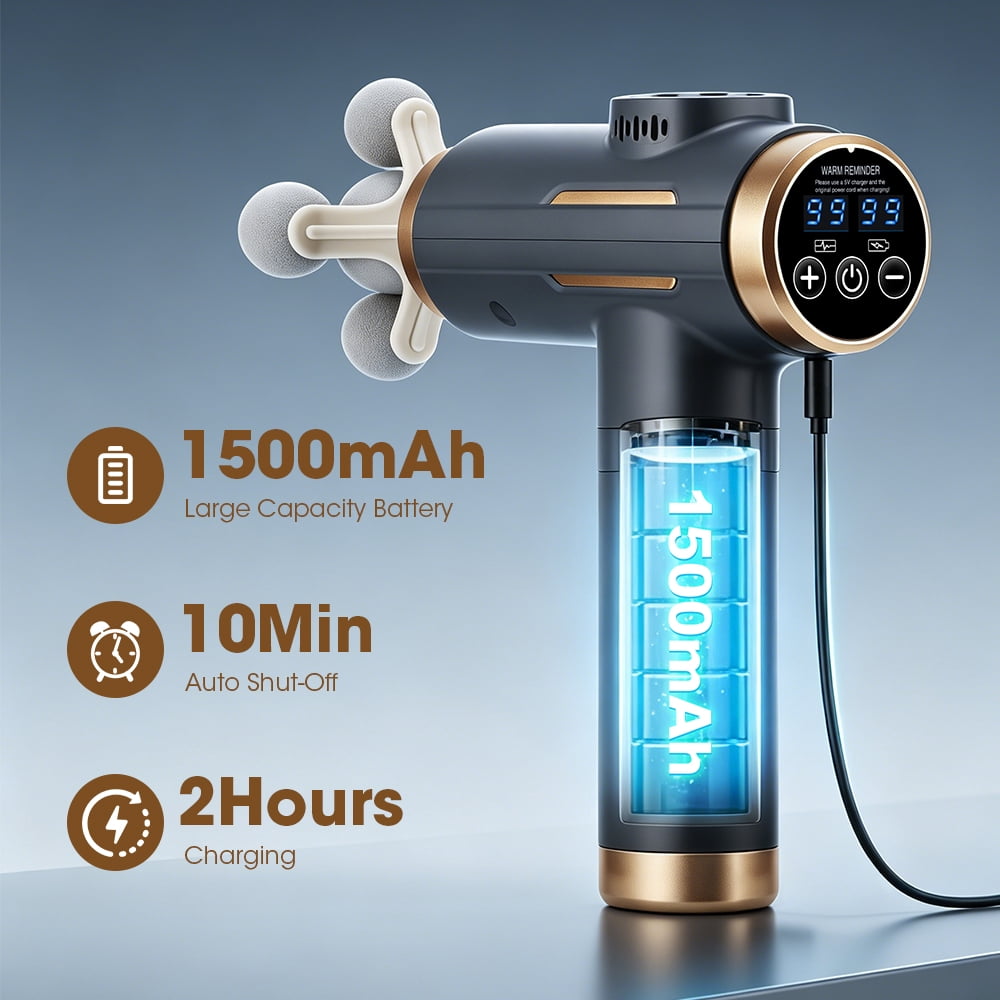 Massage Gun with 99 Speed Levels, Handheld Deep Tissue Percussion Massager with Digital Display, Auto Shut-off, 1500mAh Muscle Massager Gun with 11 Massage Heads, Gray
