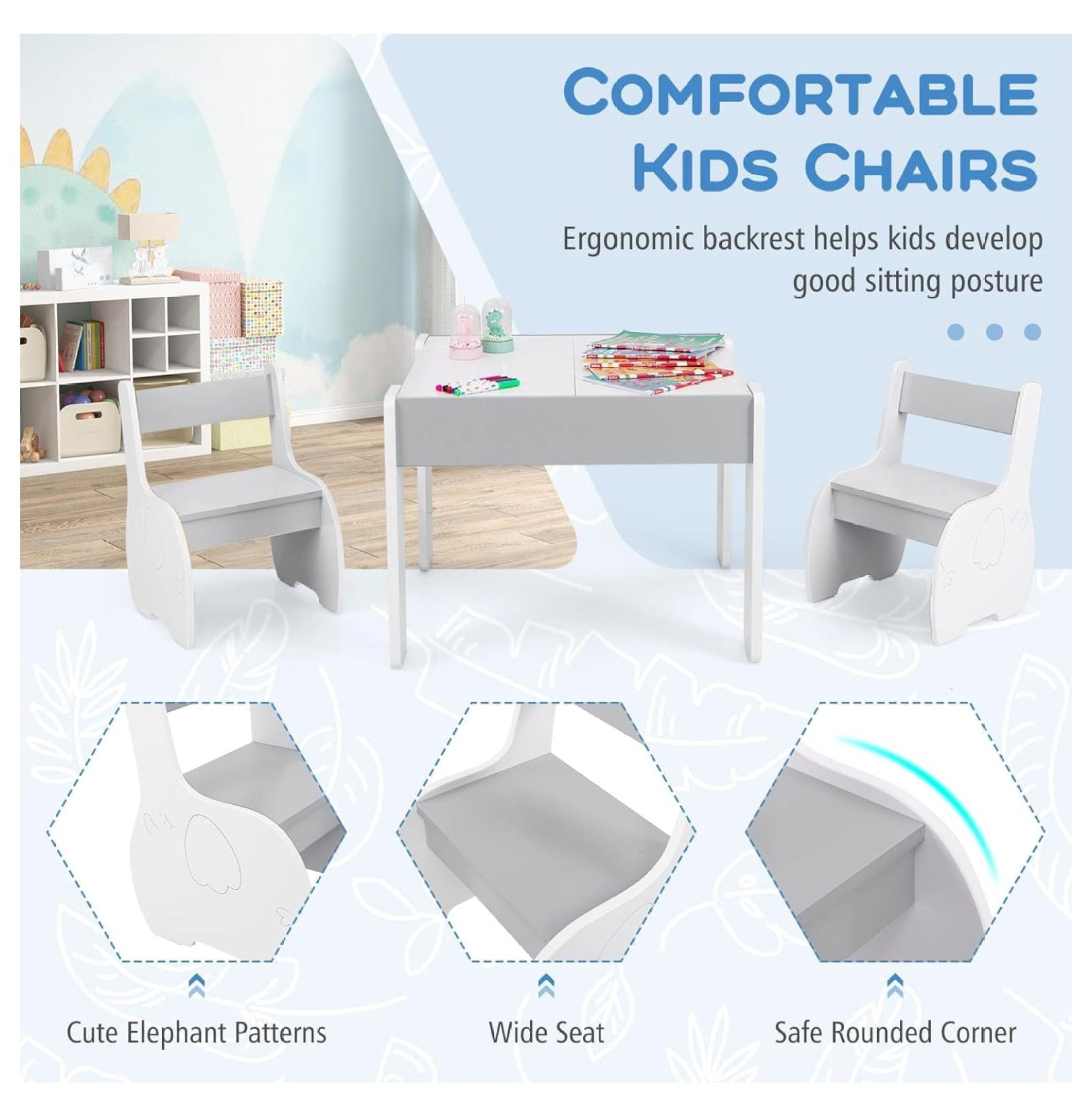 Kids Table and Chair Set, 4-in-1 Wooden Activity Table with 2 Chairs, Reversible Blackboard, Toddler Furniture for Art, Storage, Ages 3-6