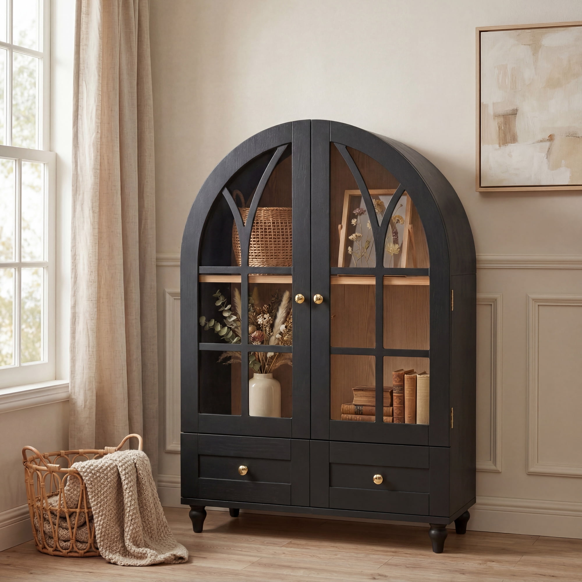 Leumius Arched Display Cabinet with Tempered Glass Doors,Wood Storage Cabinet with Natural Wood Grain Finish, Solid Wood Legs Accent Cabinet with Drawers for Living Room Dining Room Office Black