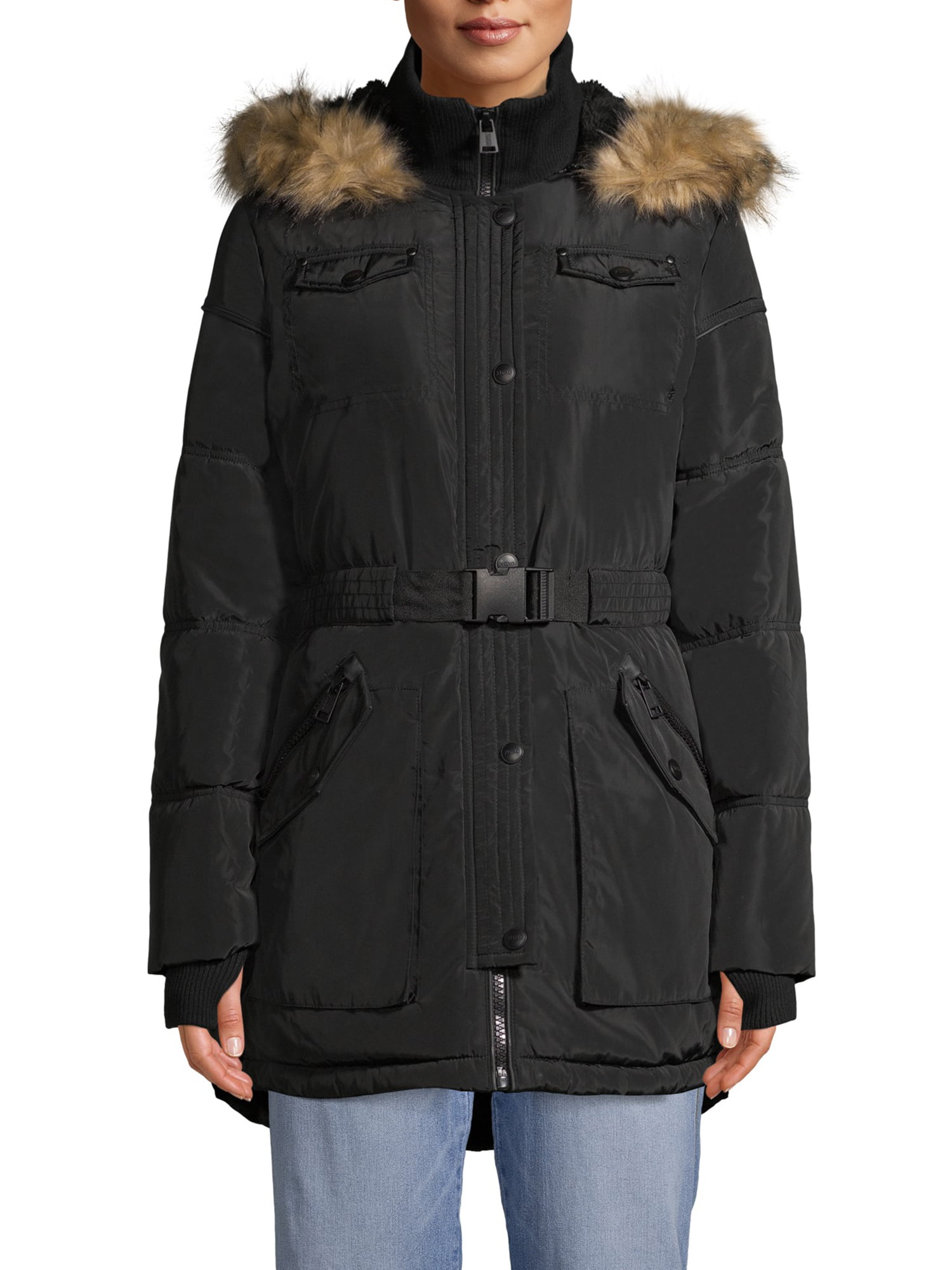 XOXO Juniors' Heavyweight Belted Parka With Faux Fur Hood