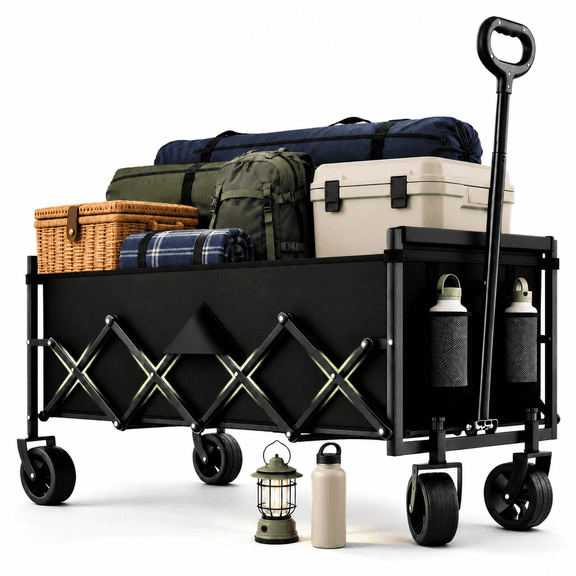 InBrave Heavy Duty Folding Wagon Cart, 34" Extra Long Collapsible Utility Wagon, 360 lb, 130L Capacity, All-Terrain Wheels for Beach, Camping & Garden