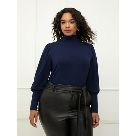 ELOQUII Elements Women's Plus Size Balloon Sleeve Tee With Mock Neck