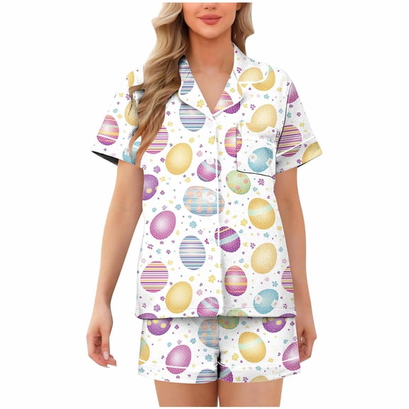 Rutainlusire Women's Trendy Comfy Easter Print Sleepwear Set Pajama Set Woman Casual Turndown Button Print Short Sleeve Blouse And Short Pants Set