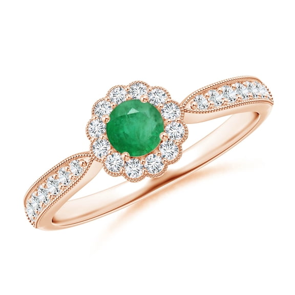 ANGARA Natural Vintage Inspired Emerald Milgrain Ring with Diamond Halo in 14K Rose Gold for Women (Size-4mm) | May Birthstone, Birthday, Anniversary, Jewelry Gift for Women | Natural Emerald Ring
