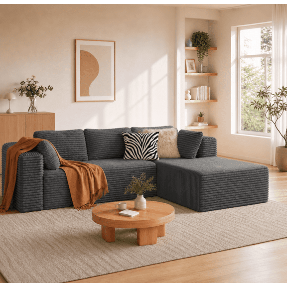 Sectional Sofa, Asofer 105" Modular L-Shape Couch for Living Room, Boneless Sofa with Chaise, High Resilience Foam & Corduroy Fabric, No Assembly, Dark gray (Right Facing Chaise)