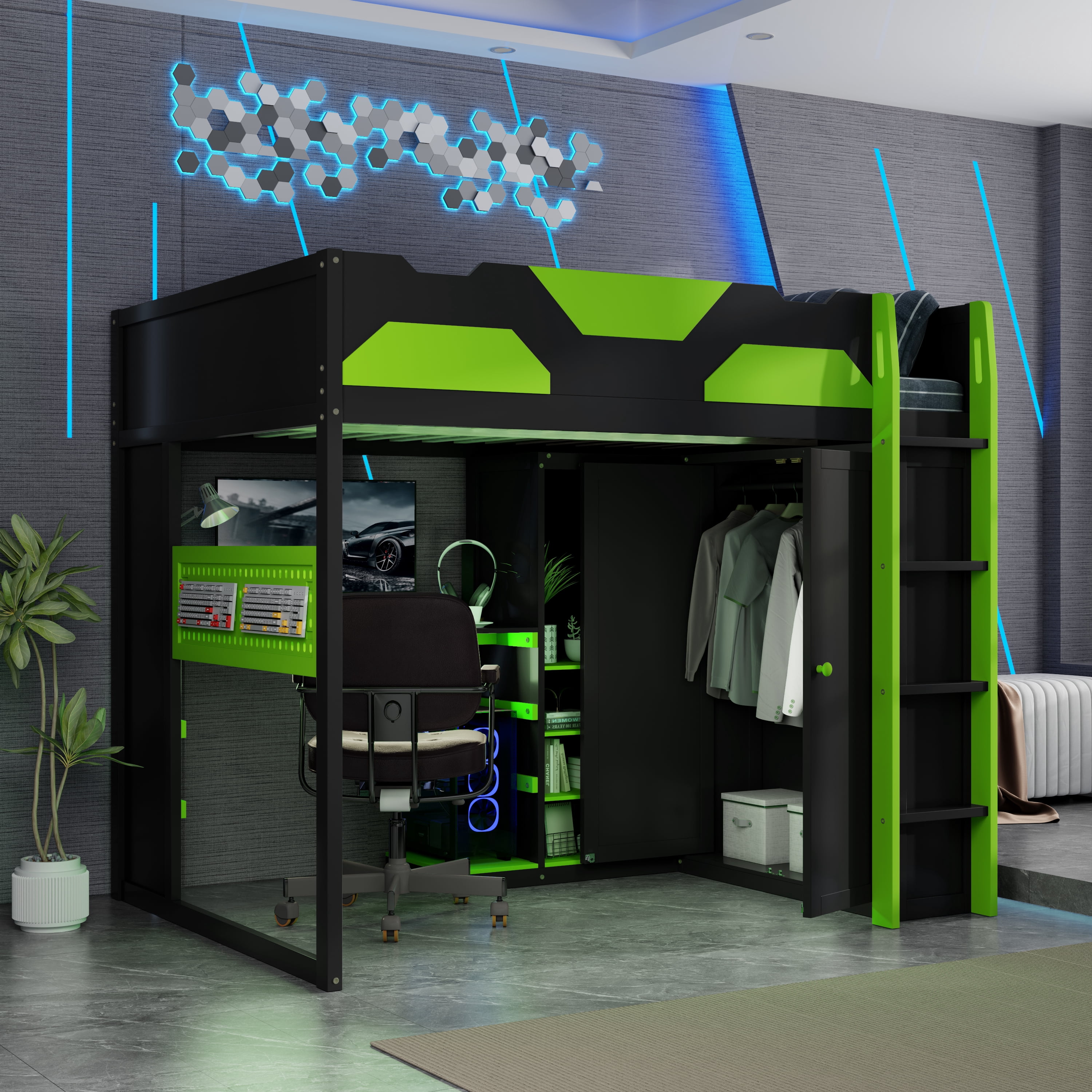 Mintazer Full Gaming Loft Bed with Adjustable Desk & Wardrobe, Modern Loft Bed with RGB Lights & Storage Pegboard, Black & Green