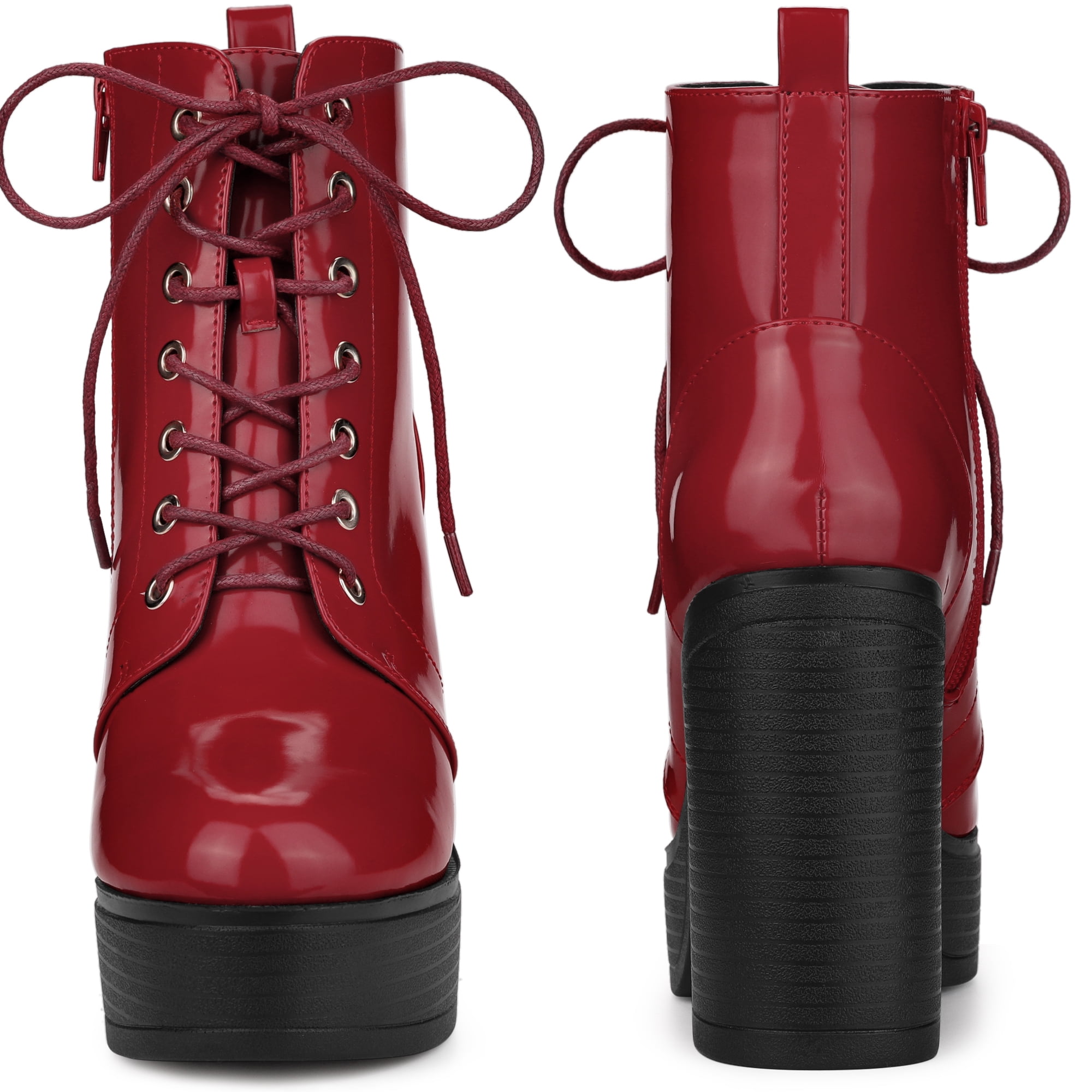 Unique Bargains Women s Lace Up Platform Chunky Heel Western Combat Boots Red 6.5 Walmart