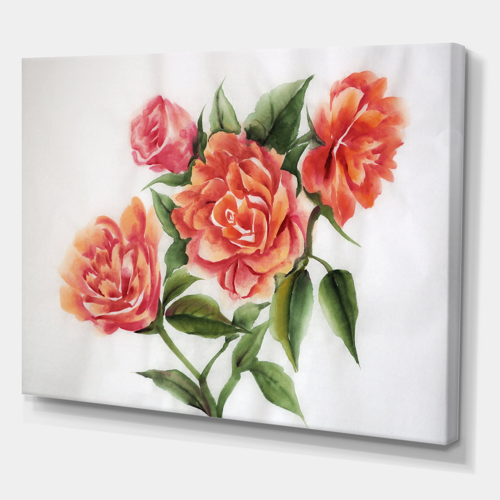 Designart ' Orange VIntage Roses With Green Leaves ' Traditional Canvas Wall Art Print