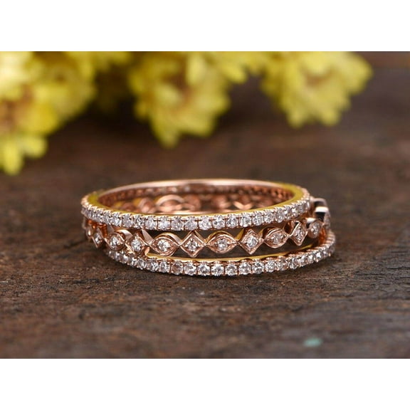 1.50 Carat 3 wedding Ring set Wedding Band Stackable Ring set Solid 10k Rose Gold