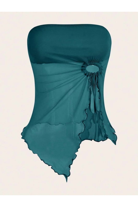 Teal Blue 95% Cotton Drawstring Asymmetrical Hem Sheer Fitted Tube Top