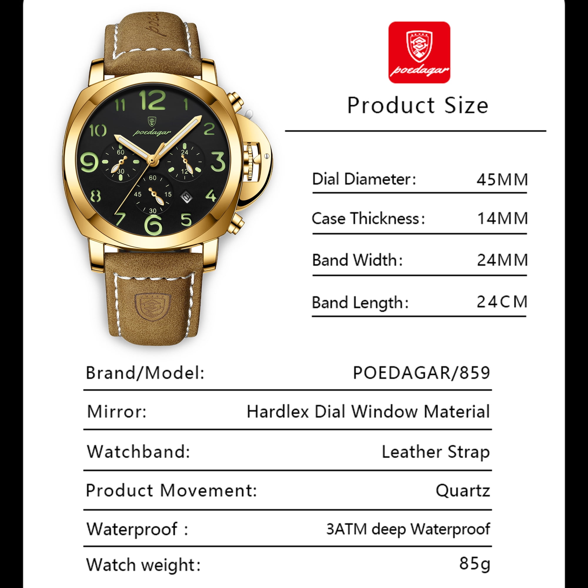 Poedagar Men's Business Quartz Watches with PU Leather Strap Waterproof Luminous Calendar Chronograph