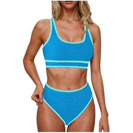 UTSJKR $10 & under High Waisted Bikini Sets for Women Tummy Control Two Piece Swimsuits Color Block Cheeky Sporty Bathing Suits 2025 Light Blue M