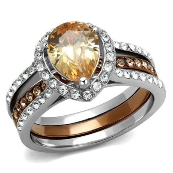 Luxe Jewelry Designs Set of 2 Women's IP Light Brown Stainless Steel Ring with Champagne CZ Stone,