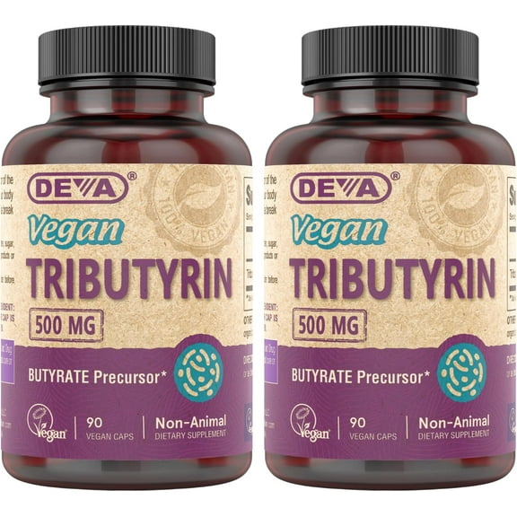DEVA Vegan Tributyrin Supplement - Butyrate Precursor, Gut Barrier Support, Butyric Acid, 500 MG Vegan Capsules, Leaky Gut Support, Digestion, 90 Count (Pack of 2)