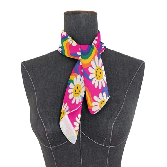 Square Scarf 24x24 Inch Groovy Daisies with Smiley Faces Silky Satin Sun Protection Neck Scarf for Women Multi-Purpose Head Wrap Bandana for Hair Bag Decoration