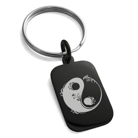 Stainless Steel Floral Yin Yang Engraved Small Rectangle Dog Tag Charm Keychain Keyring