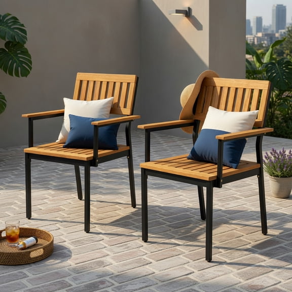 Hommoo 2-Pack Outdoor Dining Chairs, Acacia Wood & Black Metal Frame, Weather-Resistant Patio Seating with Adjustable Feet & Ergonomic Curved Backrest, Natural Black