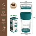 thumbnail image 5 of Tupkee Double Wall Glass Tumbler - 14-Ounce, All Glass Reusable Insulated Tea/Coffee Mug & Lid, Hand Blown Glass Travel Mug - Cyan, 5 of 7