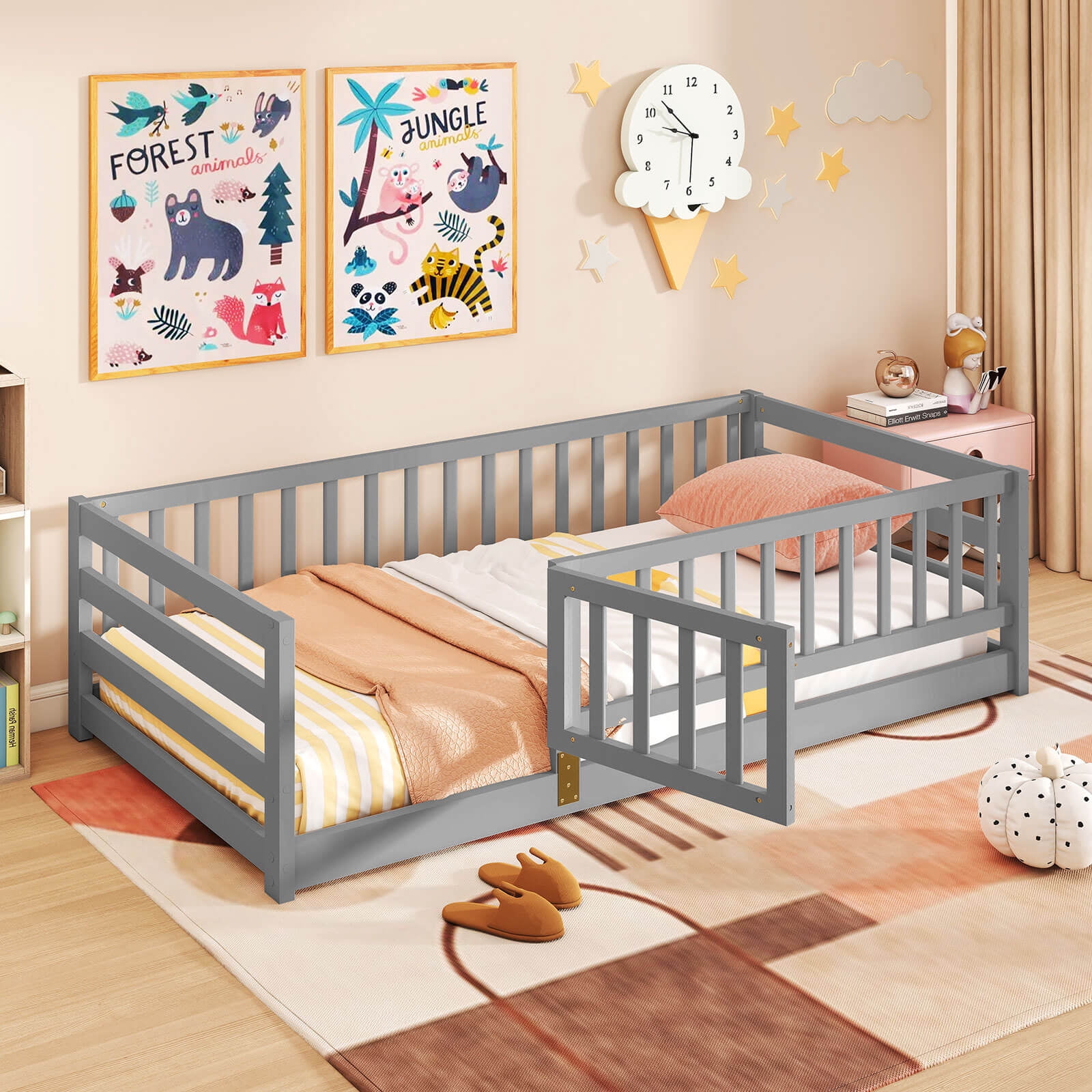 Infans Twin Size Floor Bed w/High Fence & Door Safety Guardrails Wood Floor Bed Frame