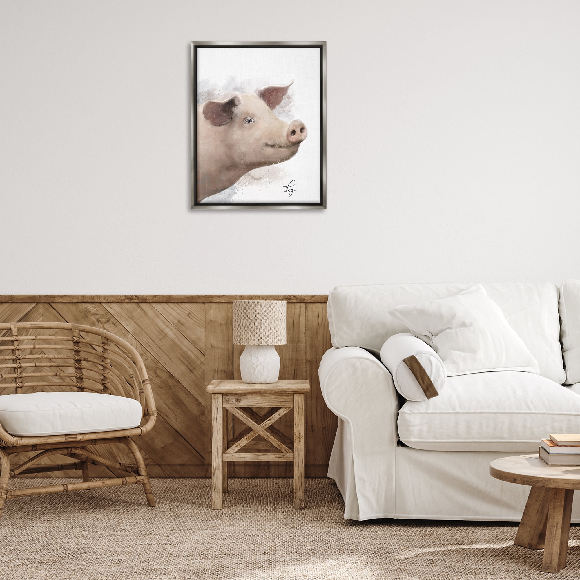 Stupell Industries Smiling Farm Pig Animals Painting Gray Floater Framed Canvas Art Print Wall Art, 25 x 31