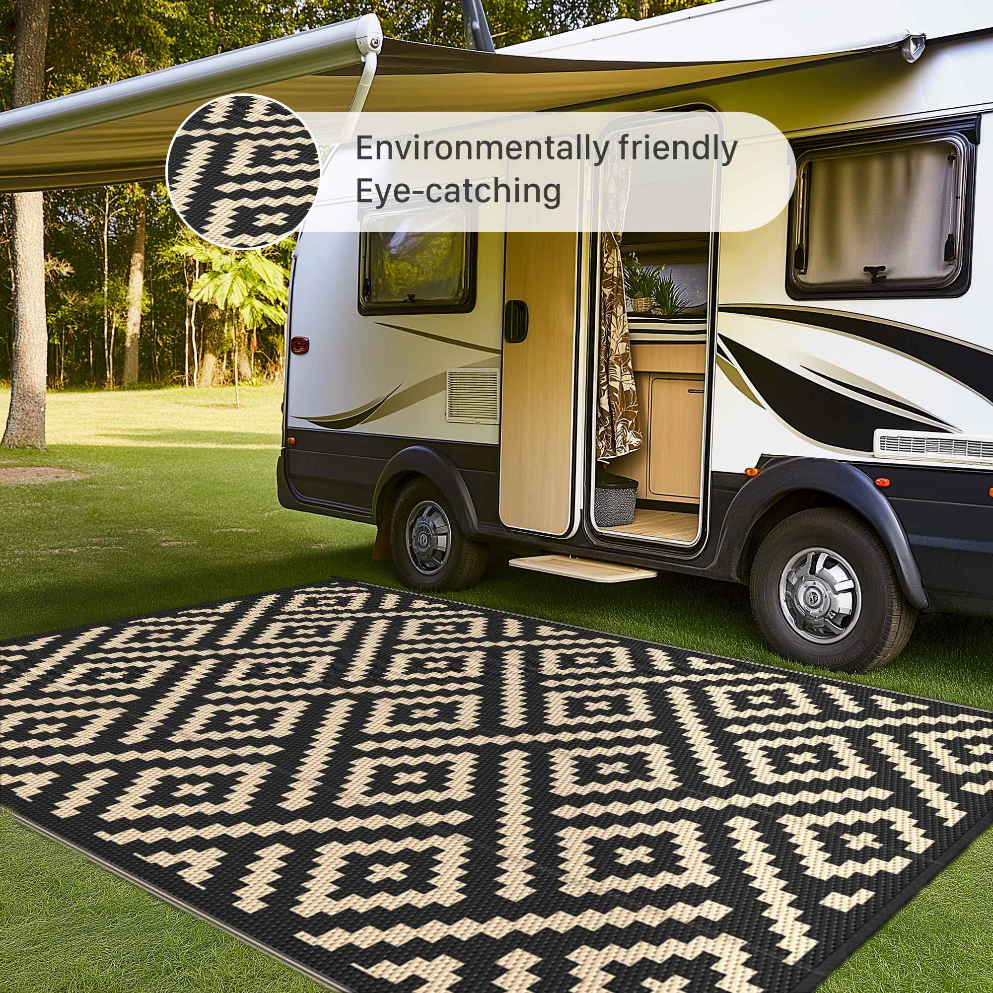 DEORAB Outdoor Rugs Waterproof Plastic Straw Mat 10'x14' Reversible for RV Patio Deck Beach Black & Beige