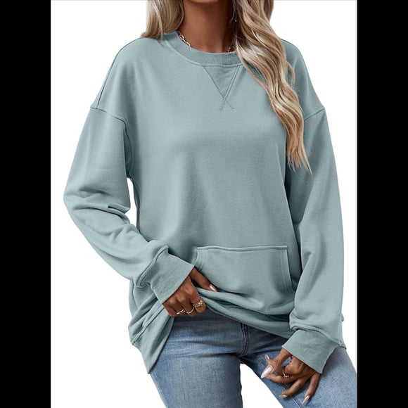 Sudadera de Larga para Mujer, Informal, con Cuello Redondo, , Ligera y con Bolsillo. Gris Azul S