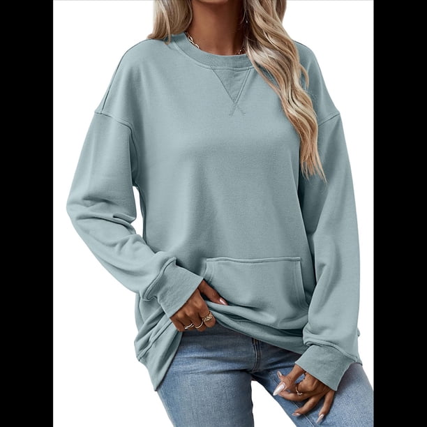 Sudadera de Larga para Mujer, Informal, con Cuello Redondo, , Ligera y con Bolsillo. Gris Azul S