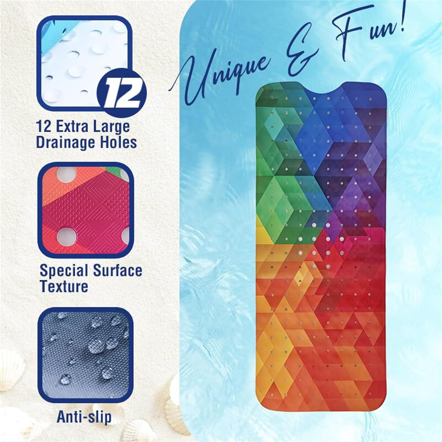 Rainbow Geometric Bathtub Mat - 40x16 Inch Non-Slip Shower Mat With Suction Cups, Large Drain Holes, 3D Abstract Design