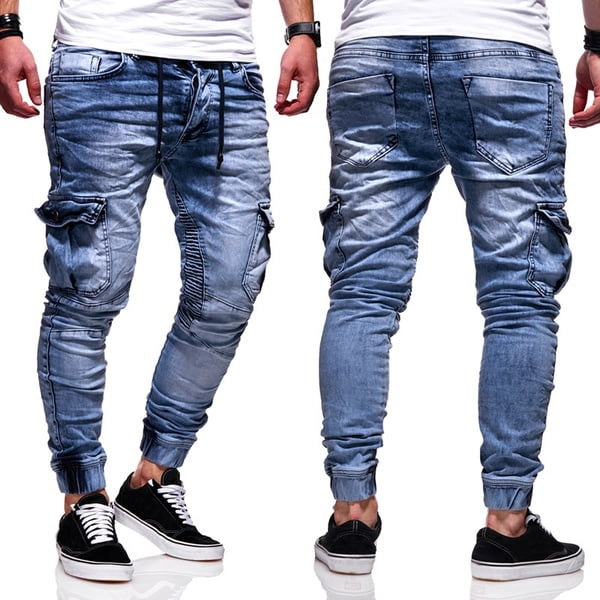 Mens Fashion Skinny Jeans Denim Pant With Pockets Cargo Combat Denim Jeans Pants Slim Fit Motorcycle Jeans Biker Jogger Jeans -