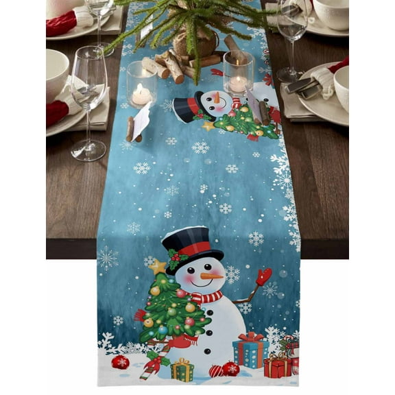 Dark Blue Snowman Christmas Dresser Scarf Farmhouse, Dining Table Decorations for Wedding/Parties, Gifts Xmas Tree Winter Snowflake Table Runner 60 Inches Long for Kitchen Dining, 13 x 60 In