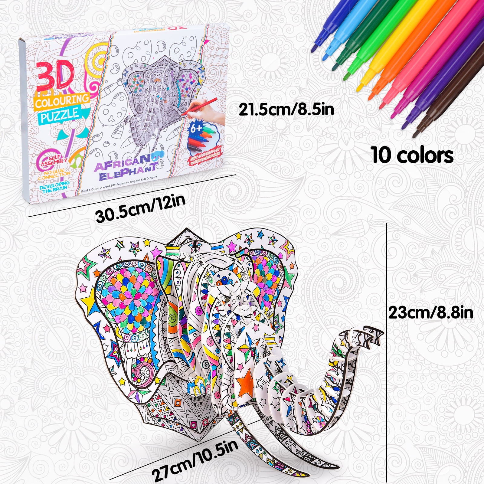 Hautton 3D Coloring Puzzle, Creative DIY Painting Puzzle Set Toy with 10 Colouring Pens, Fun Arts Crafts Gift for Kids Age 3 4 5