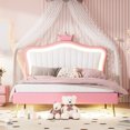 thumbnail image 2 of HighSound Queen Size Bed Frame with Crown Headboard & LED Lights, Modern Upholstered Princess Bed, Platform Bed Frames, No Box Spring Needed, Noise Free, White & Pink, 2 of 7