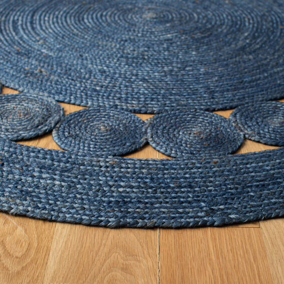 Handmade Braided Natural Jute Navy Blue Color Tikki Round Rugs Size 2 x 2 Feet Round
