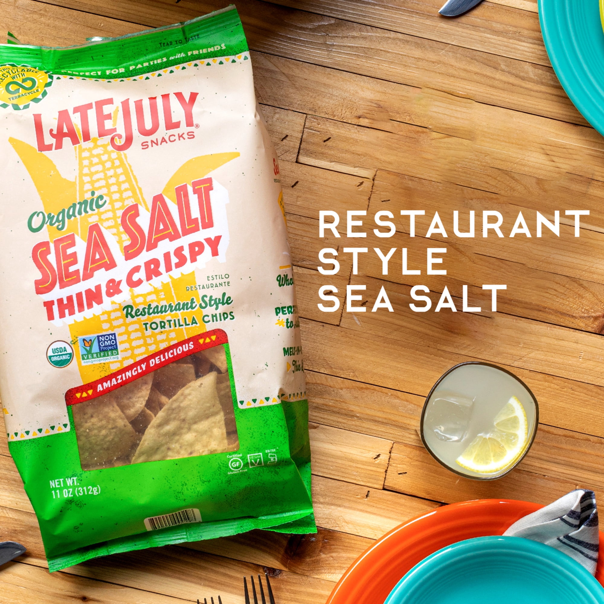 LATE JULY Snacks Restaurant Style Sea Salt Thin & Crispy Tortilla Chips, 11 oz. Bag