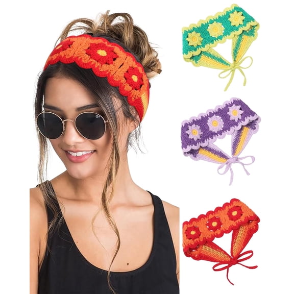 3 Pack Crochet Floral Headbands for Women Boho Knit Hair Bands, Daisy Bandana Head Wraps With Tie Back, Hippie Style Accessories for Girls
