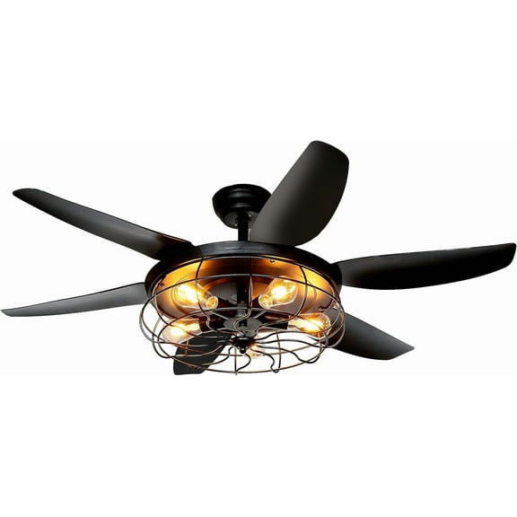 Ceiling Fans with Lights and Remote - 52 Inch Farmhouse Ceiling Fan with Caged Light Fixture - Black Industrial Outdoor Ceiling Fan Lights for Patio, Living Room, Kitchen & Bedroom